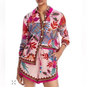 FARM Rio pink linen button up and shorts set (2 pieces) in Macaw Scarf XL